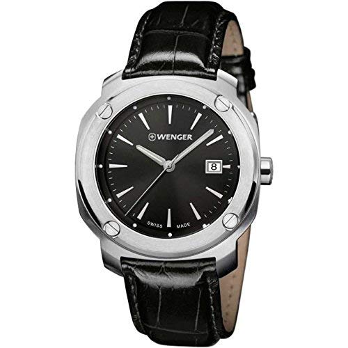 Wenger 01.1141.110 Men's Edge Index Stainless Steel Case Black Leather Strap Band Black Dial Silver Watch