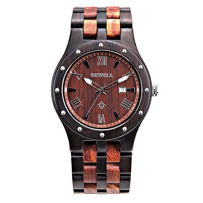 Bewell ZS-W109A Mens Wooden Watch Quartz Movement Lightweight Luminous Date Vintage Analog Wristwatch