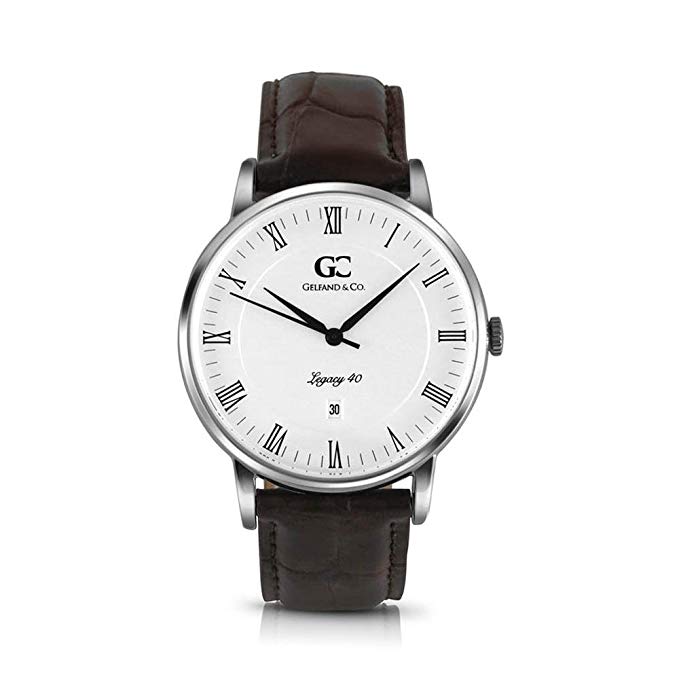 Gelfand & Co. Unisex Minimalist Watch Brown Crocodile Leather Brookfield 40mm Silver with White Dial