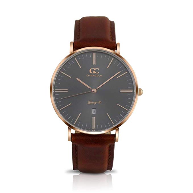 Gelfand & Co. Men's Minimalist Watch Brown Leather Remsen 40mm Silver with Gray Metallic Dial