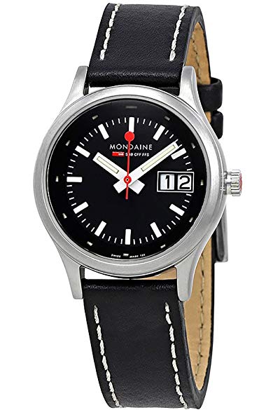 Mondaine 'SBB' Quartz Stainless Steel and Leather Casual Watch, Color:Black (Model: A669.30334.14SBB)