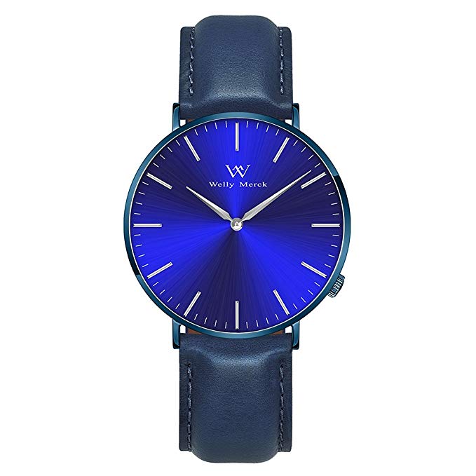 Welly Merck Men's Luxury Watch Minimalistic Design Quartz Movement Sapphire Crystal Analog Wrist Watch with 20mm Italy Genuine Leather Interchangeable Blue Strap Daily Water Resistant