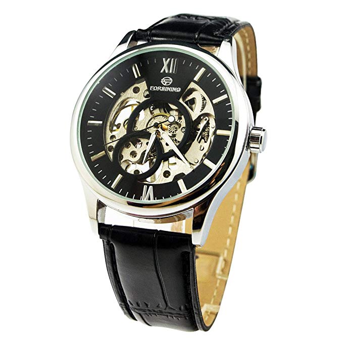 Gute Classic Skeleton Men's Mechanical Wristwatch Hand-Wind Silver Black PU Band