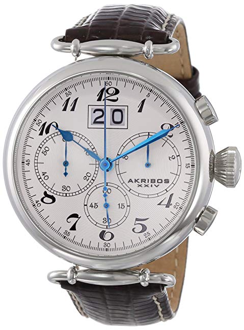 Akribos XXIV Men's AK628SS Retro Chronograph Stainless Steel White Dial Brown Leather Strap Watch