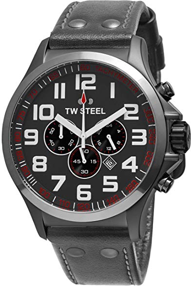 TW Steel Pilot Watch - Stainless Steel Plated Titanium Watch - Grey Dial Date 24-hour TW Steel Watch Mens - Grey Leather Band 48mm Chronograph Watch TW423