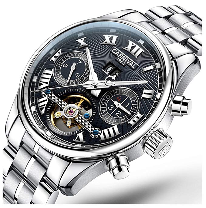 Mens tourbillon Automatic Mechanical Watch Stainless Steel Silver Waterproof Multifunction Watches