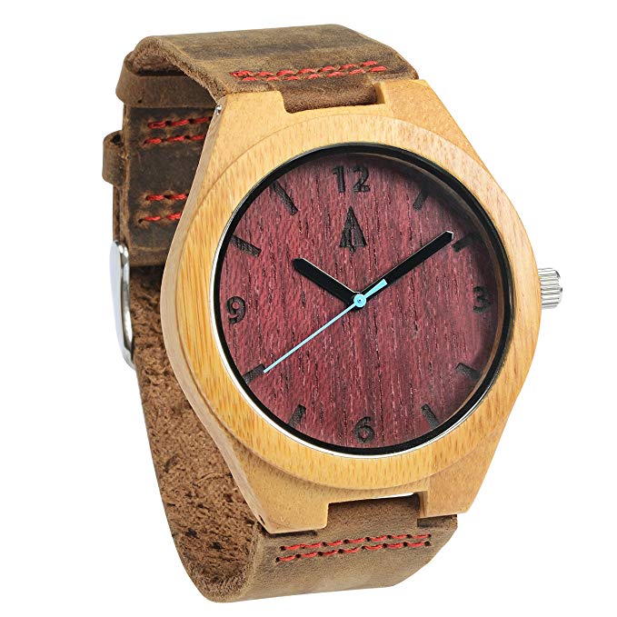 Treehut Men's Purple Heart Bamboo Wooden Watch – Genuine Brown Leather Strap ...
