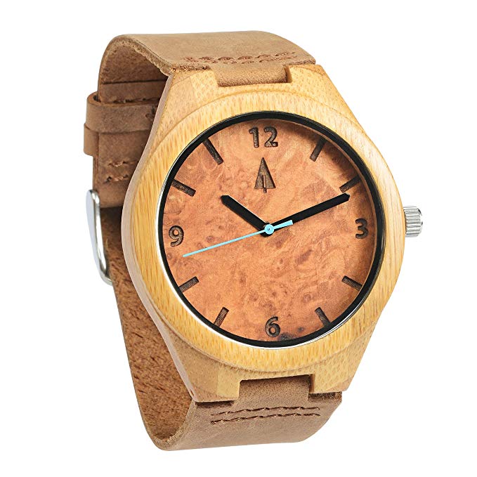 Treehut Mens Wooden Maple Burl Bamboo Watch with Genuine Brown Leather Strap ...