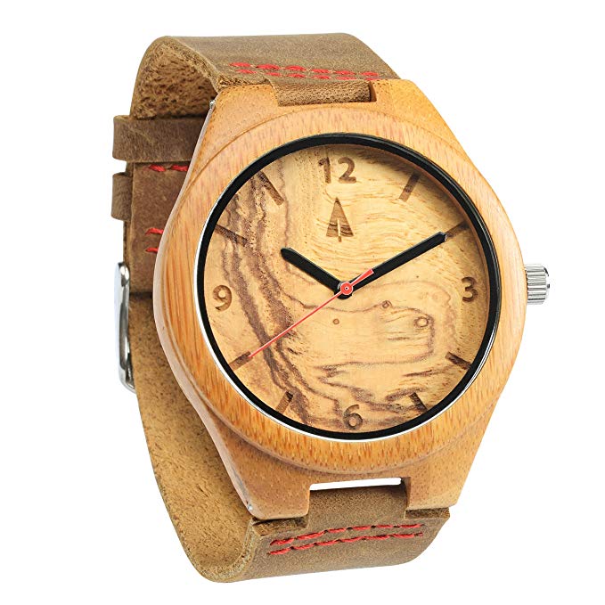Treehut Mens Wooden Olive Ashe Bamboo Watch with Genuine Brown Leather Strap ...