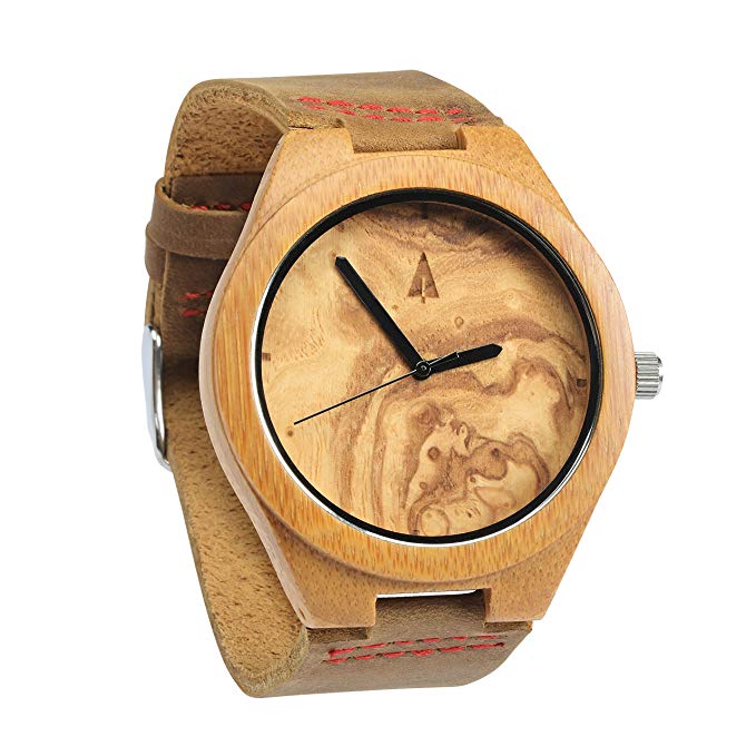 Treehut Mens Wooden Olive Ashe Bamboo Watch with Genuine Brown Leather Strap ...