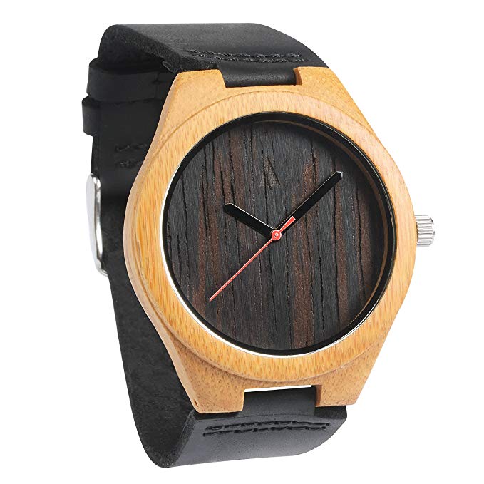 Treehut Mens Wooden Wenge Bamboo Watch with Genuine Black Leather Strap Quart...